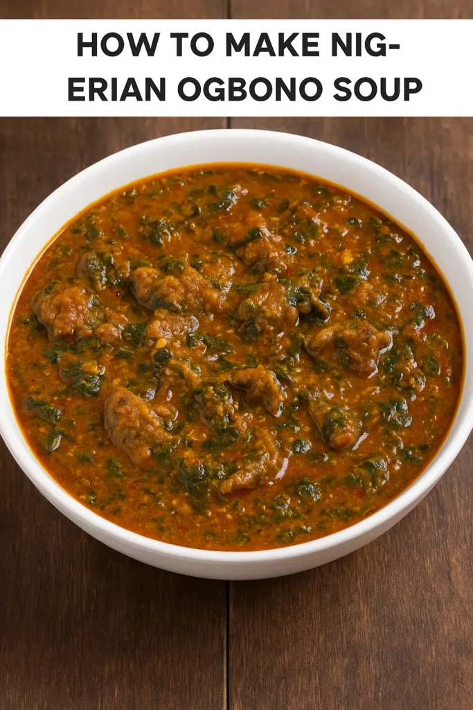 bowl of Nigerian Ogbono Soup with assorted meat and vegetables
