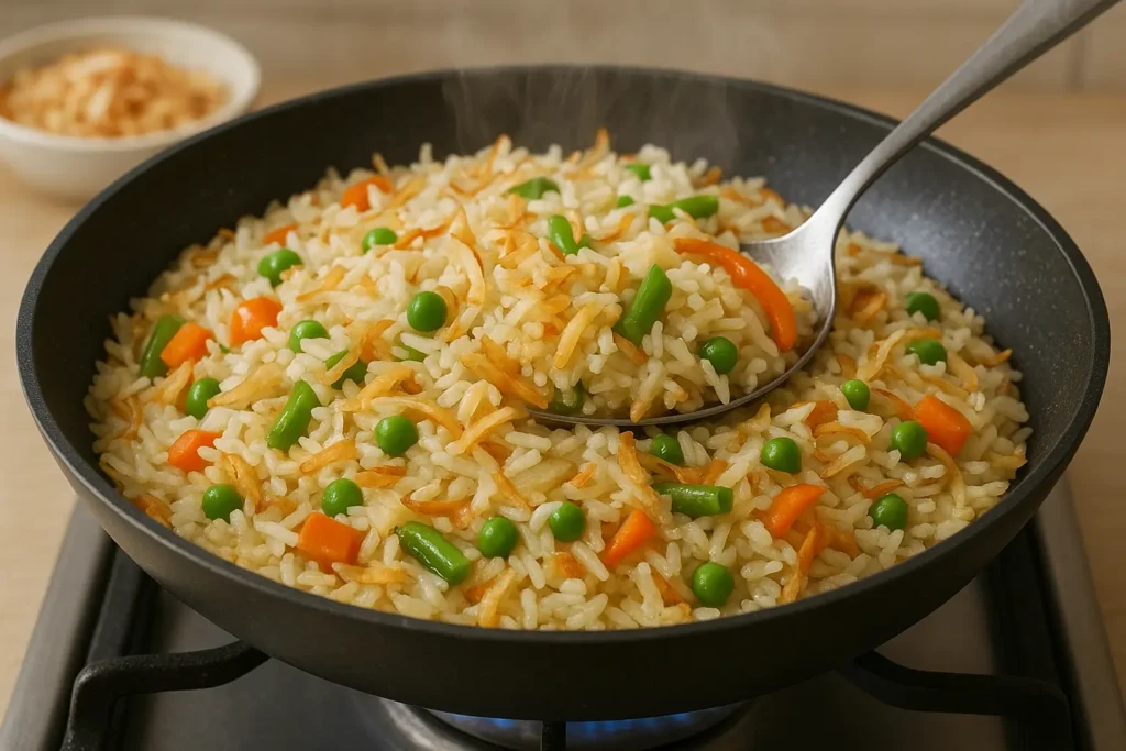 Close-up photo of Nigerian coconut fried rice in a black non-stick pan on a gas stove. The fluffy off-white rice glistens from coconut milk and is mixed with toasted coconut flakes, diced carrots, green peas, and green beans. A stainless steel spoon gently stirs the steaming rice under soft natural kitchen lighting