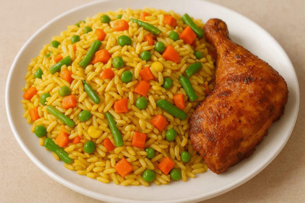 Nigerian fried rice served with vegetables and chicken on the side