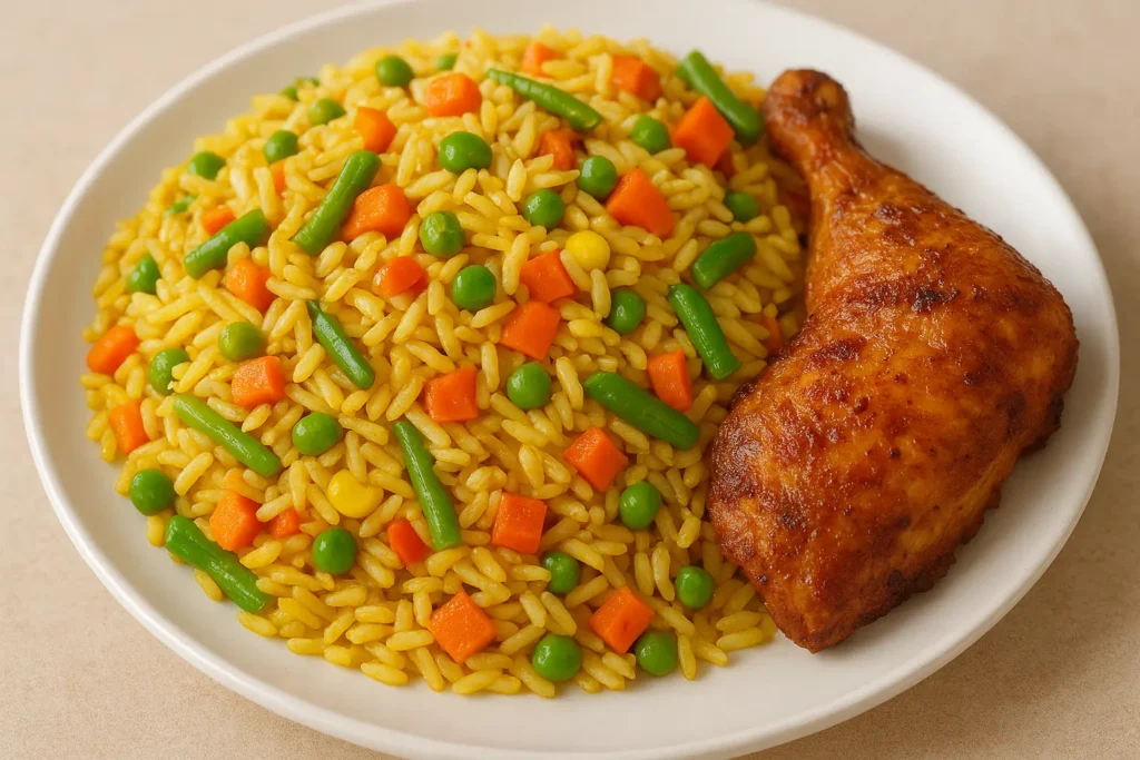 Nigerian fried rice being stir-fried in a non-stick pan with yellow rice, carrots, peas, sweet corn, green beans, and diced chicken, showing a close-up of the authentic Nigerian fried rice recipe