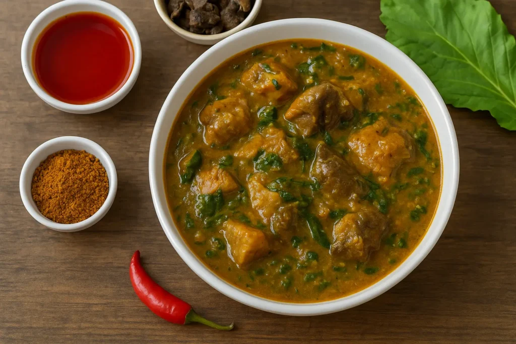 Ogbono soup ingredients including ground ogbono, palm oil, proteins, and vegetables arranged for a step-by-step Nigerian cooking process