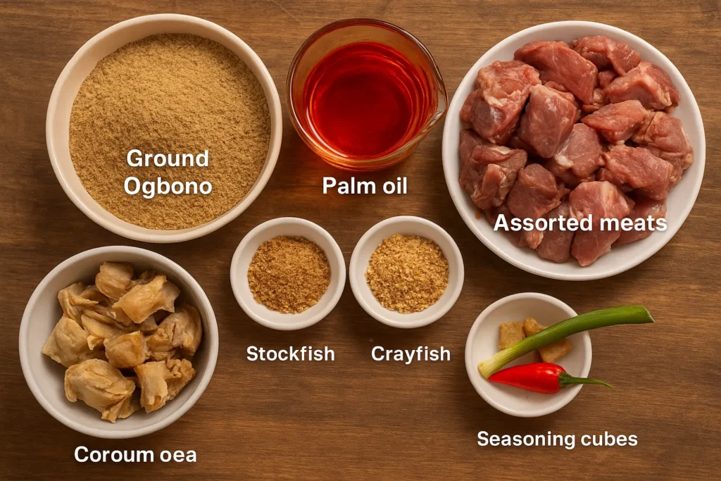 Ingredients for Nigerian Ogbono soup including ground ogbono, palm oil, meat, stockfish, and spices arranged on a table