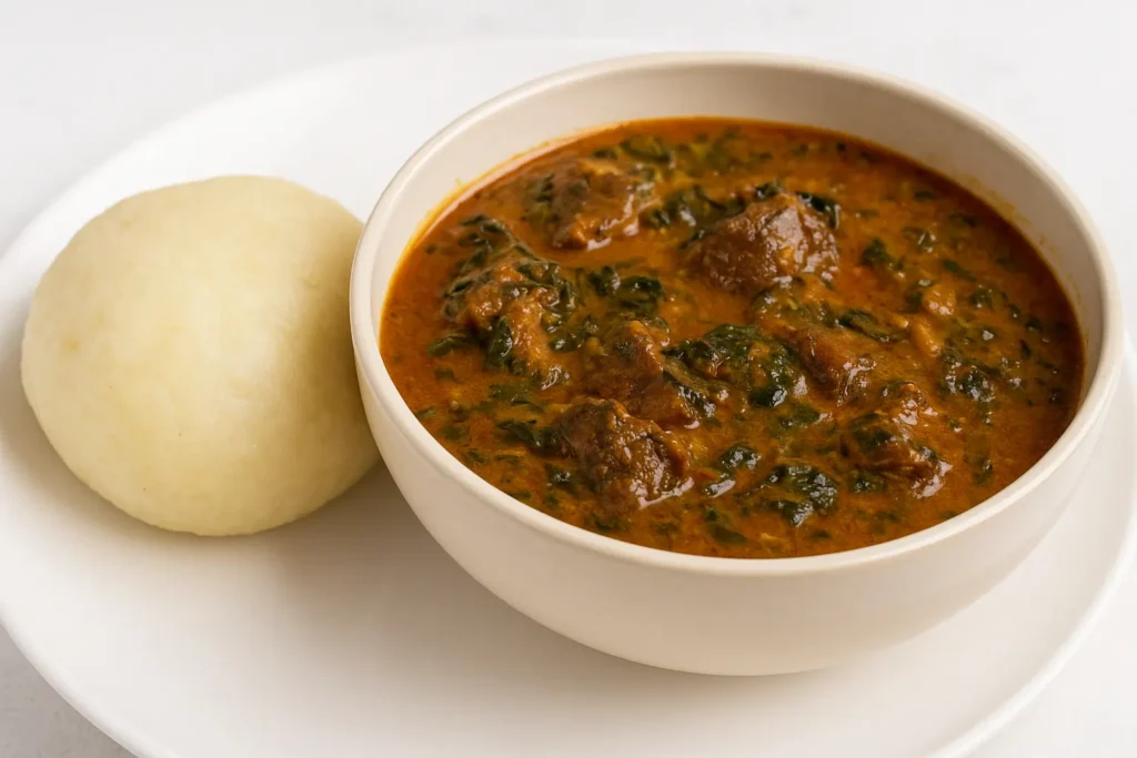 A bowl of Nigerian Ogbono soup served with pounded yam on a white plate, showing rich palm oil color, assorted meat, and vegetables