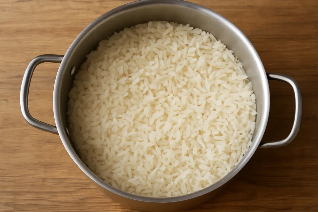 Nigerian fried rice being stir-fried in a pan with vegetables