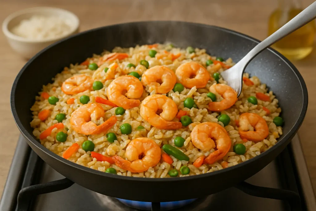 High-resolution close-up of shrimp fried rice cooking in a black non-stick frying pan on a gas stove. The dish contains plump orange shrimp, fluffy rice, peas, diced carrots, and green beans, with gentle steam rising as a stainless steel spoon stirs the mixture
