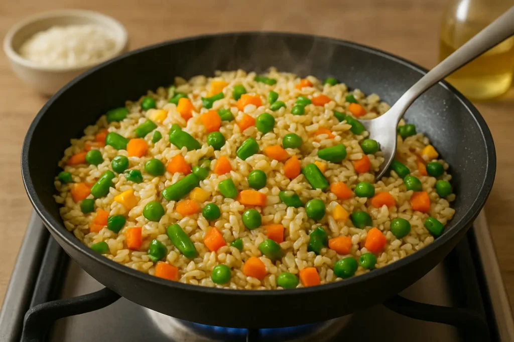 High-resolution close-up of vegetable fried rice cooking in a black non-stick frying pan on a gas stove. The rice is mixed with bright vegetables including diced carrots, green peas, and green beans. A stainless steel spoon stirs the steaming rice under soft, warm kitchen lighting